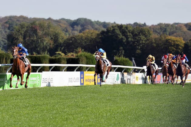 04.10.2026, Duesseldorf, Nordrhein-Westfalen, GER - Daytona mit Bauyrzhan Murzabayev gewinnt. Galopprennbahn Duesseldorf-Grafenberg. (Pferd, Jockey, Daytona, Murzabayev, Sieg, Ziel, Zielankunft) 261004SG788DUESSELDORF.JPG