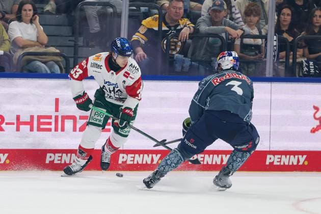im Zweikampf, Aktion, mit Tim Wohlgemuth 33 (Augsburger Panther), +Lukas Klok 3 (EHC Red Bull Muenchen), EHC Red Bull Muenchen vs. Augsburger Panther, 6. Spieltag, Eishockey, Penny-DEL, 03.10.2026 Muenchen Bayern Deutschland