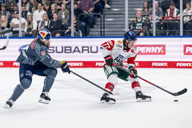 Kampf um den Puck Zweikampf zwischen Markus Eisenschmid (EHC Red Bull Muenchen, 11) und Luke Toporowski (Augsburger Panther, 77) GER, EHC Red Bull Muenchen vs. Augsburger Panther, DEL, Saison 2026 2027, 6. Spieltag, 04.10.2026. Foto: HMB Media Heike Feiner Copyright: HMBxMedia HeikexFeiner