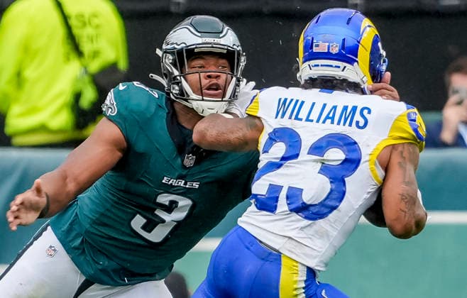 NFL, American Football Herren, USA 2026: Rams Vs Eagles OCT 04 October 4, 2026, Philadelphia, Pa, USA: Oct 4, 2026; Philadelphia, PA, USA; Philadelphia Eagles linebacker Nolan Smith Jr. (3) tries to tackle Los Angeles Rams running back Kyren Williams (23) durin g a run at Lincoln Financial Field. Mandatory Credit: Scott Serio-Cal Media(Credit Image: Scott Serio Cal Sport Media) Philadelphia Pa USA EDITORIAL USE ONLY Copyright: xx ZUMA-20261004_faf_cs17_159.jpg ScottxSeriox csmphotothree530993
