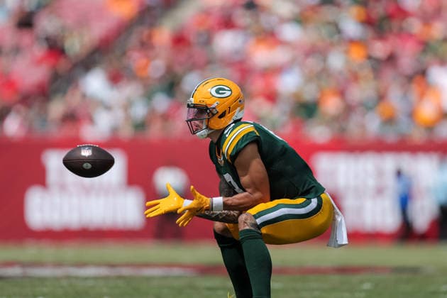 NFL, American Football Herren, USA 2026: Packers Vs Buccaneers OCT 04 Oct 4, 2026; Tampa, FL, USA; Green Bay Packers wide receiver Christian Watson (9) attempting to catch a pass during the NFL game between the Green Bay Packers and Tampa Bay Buccaneers at Raymond James Stadium. Mandatory Credit: Taylor McFee-Cal Media (Credit Image: Â Taylor Mcfee Cal Sport Media) Tampa Fl USA EDITORIAL USE ONLY Copyright: xx ZUMA-20261004_zma_c04_070.jpg TaylorxMcfeex csmphotothree530995