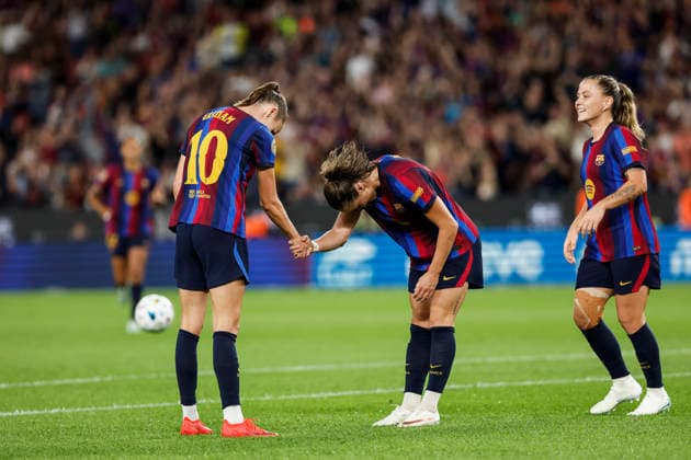 October 4, 2026, Barcelona, Barcelona, Spain: Ewa Pajor of FC Barcelona, Barca celebrates after scoring her team s sixth goal with teammate Caroline Graham during the Spanish Women league, Liga F, football match played between FC Barcelona and Real Madrid CF at Spotify Camp Nou Stadium on October 04, 2026 in Barcelona, Spain. Barcelona Spain - ZUMAa181 20261004_zaa_a181_103 Copyright: xJavierxBorregox
