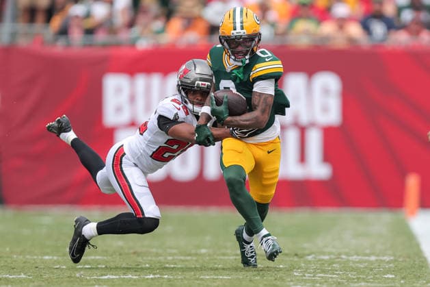 Oct 4, 2026; Tampa, FL, USA; Green Bay Packers wide receiver Matthew Golden (0) runs after catching a pass during the NFL, American Football Herren, USA game between the Green Bay Packers and Tampa Bay Buccaneers at Raymond James Stadium. Mandatory Credit: Taylor McFee-Cal Media Tampa USA - ZUMAc04_ 20261004_zma_c04_032 Copyright: xTaylorxMcfeex