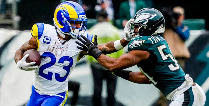 October 4, 2026, Philadelphia, Pa, USA: Oct 4, 2026; Philadelphia, PA, USA; Los Angeles Rams running back Kyren Williams (23) stiff-arms Philadelphia Eagles linebacker Jeremiah Trotter Jr. (54) after a catch for extra yardage at Lincoln Financial Field. Mandatory Credit: -Cal Media Philadelphia USA - ZUMAcs17 20261004_faf_cs17_151 Copyright: xScottxSeriox