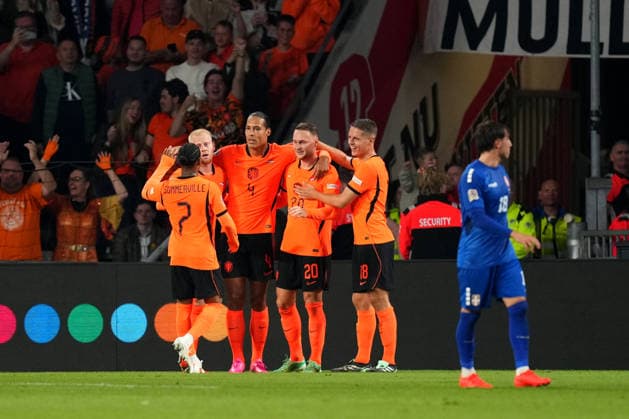 UEFA Nations League: The Netherlands v Serbia Eindhoven - Teun Koopmeiners of The Netherlands celebrates scoring his team s first goal (1-0) with Virgil van Dijk of The Netherlands and Joey Veerman of The Netherlands during the league phase matchday 4 competition round of the 2026 2027 UEFA Nations League season. The match is set between The Netherlands and Serbia at Philips Stadion on 4 October 2026 in Eindhoven, Netherlands. (Hero Images Yannick Verhoeven) Copyright: xYannickxVerhoevenx