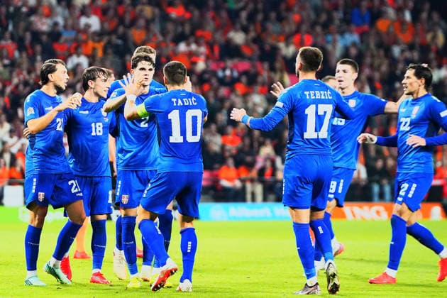 2026-10-04 UEFA Nations League: Netherlands v Serbia EINDHOVEN, NETHERLANDS - OCTOBER 4: Team Serbia celebrating the goal during the UEFA Nations League match between Netherlands and Serbia at Philips Stadion on October 4, 2026 in Eindhoven, Netherlands. Eindhoven Philips Stadion Netherlands Content not available for redistribution in The Netherlands directly or indirectly through any third parties. Copyright: xAndrexWeeningx
