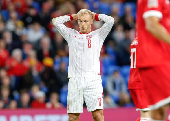 Cardiff, Wales, 4th October 2026. Gustav Isaksen of Denmark reacts during the Wales vs Denmark UEFA Nations League match at the Cardiff City Stadium, Cardiff. Picture credit should read: Cody Froggatt Sportimage EDITORIAL USE ONLY. No use with unauthorised audio, video, data, fixture lists, club league logos or live services. Online in-match use limited to 120 images, no video emulation. No use in betting, games or single club league player publications. SPI_031_CF_WALES_V_DENMARK SPI-5051-0031