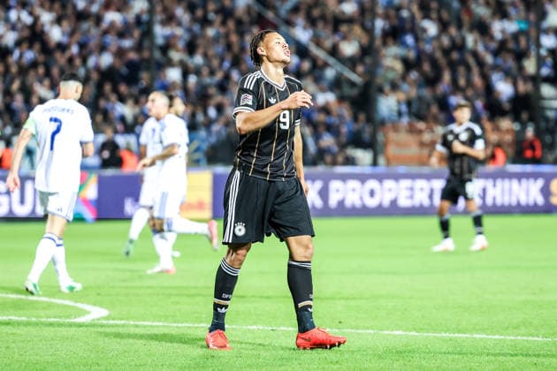 Fussball, UEFA Nations League Saison 2026 2027 Gruppe A2 - 4.Spieltag Griechenland - Deutschland 04.10.2026, Toumba Stadium Thessaloniki Derry Scherhant (Deutschland, 9) Thessaloniki Toumba Stadium Griechenland
