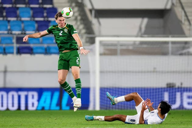 UEFA Nations League Group Stage, TSC Arena, BaÄka Topola, Serbia 4 10 2026 Republic of Ireland vs Israel Ireland s Jimmy Dunne with Israel s Dor Peretz Jimmy Dunne with Dor Peretz 4 10 2026  Copyright: xx RB1_2976