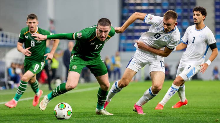 UEFA Nations League Group Stage, TSC Arena, BaÄka Topola, Serbia 4 10 2026 Republic of Ireland vs Israel Ireland s Jack Moylan dribbles past Israel s Nikita Stoinov Jack Moylan dribbles past Nikita Stoinov 4 10 2026  Copyright: xx RB2_1355