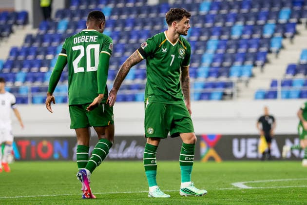 UEFA Nations League Group Stage, TSC Arena, BaÄka Topola, Serbia 4 10 2026 Republic of Ireland vs Israel Ireland s Troy Parrott with Chiedozie Ogbene Troy Parrott with Chiedozie Ogbene 4 10 2026  Copyright: xx RB2_1923