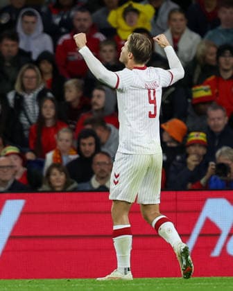 Wales v Denmark UEFA Nations League Rasmus Hojlund of Denmark celebrates scoring his teams first goal during the UEFA Nations League match at the Cardiff City Stadium, Cardiff 04 10 2026 UK Newspapers OUT Copyright: xKaraxThomasx FIL-24028-0050