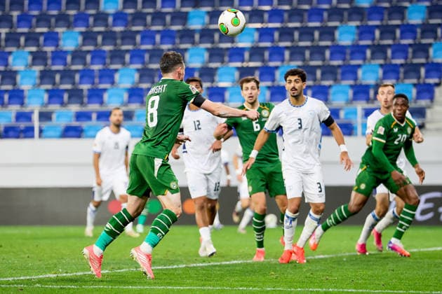UEFA Nations League Group Stage, TSC Arena, BaÄka Topola, Serbia 4 10 2026 Republic of Ireland vs Israel Ireland s Jason Knight heads the ball across the box Jason Knight heads the ball across the box 4 10 2026  Copyright: xx RB2_2245