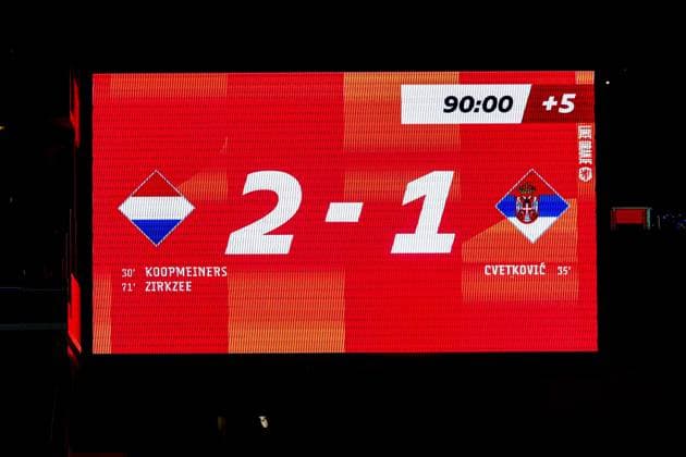 EINDHOVEN - The scoreboard shows the final score of 2-1 during the UEFA Nations League match between the Netherlands and Serbia at the Philips Stadium on October 4, 2026, in Eindhoven, the Netherlands. MARCEL TER BALS ANP UEFA Nations League 2026 27 xVIxANPxSportx xMarcelxterxBalsxIVx 571529165 originalFilename: 571529165.jpg