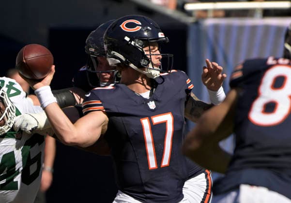 Chicago Bears quarterback Tyson Bagent (17) passes the ball against the New York Jets in the third quarter at Soldier Field in Chicago on Sunday, October 4, 2026. Bears defeated the Jets 23-12.  CHI20261004110 MARKxBLACK