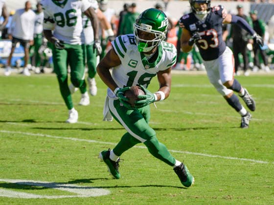 New York Jets wide receiver Isaiah Williams (18) gains some yards against the Chicago Bears at Soldier Field in Chicago on Sunday, October 4, 2026. Bears defeated the Jets 23-12.  CHI20261004112 MARKxBLACK