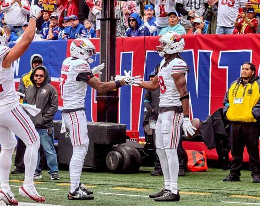 Arizona Cardinals wide receiver Marvin Harrison, Jr (18) celebrates in the end zone with wide receiver Kendrick Bourne (17) after a touchdown against the New York Giants during a NFL, American Football Herren, USA game at MetLife Stadium in East Rutherford, New Jersey. CSM NFL 2026: Cardinals Vs Giants OCT 04  - ZUMAc04_ 20261004_zma_c04_184 Copyright: xDuncanxWilliamsx