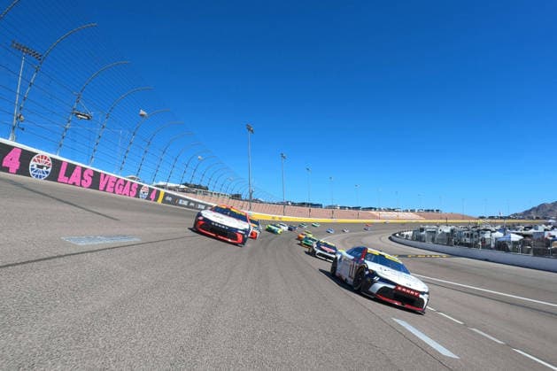 LAS VEGAS, NV - OCTOBER 04: Ty Gibbs ( 54 Joe Gibbs Racing Saia Freight + Logistics Toyota) and Denny Hamlin ( 11 Joe Gibbs Racing National Debt Relief Toyota) lead the field before the start of South Point 400 NASCAR, Motorsport, USA Cup Series Chase race on October 4, 2026 at Las Vegas Motor Speedway in Las Vegas, NV. (Photo by Chris Williams LVMS Icon Sportswire) AUTO: OCT 04 NASCAR Cup Series Playoffs South Point 400 EDITORIAL USE ONLY Icon00726100408420