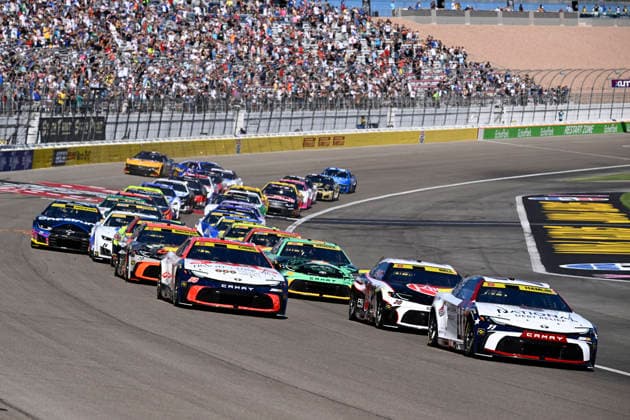 LAS VEGAS, NV - OCTOBER 04: Denny Hamlin ( 11 Joe Gibbs Racing National Debt Relief Toyota) leads the opening lap during the South Point 400 NASCAR, Motorsport, USA Cup Series Chase playoff race on October 4, 2026 at Las Vegas Motor Speedway in Las Vegas, NV. (Photo by Will Lester LVMS Icon Sportswire) AUTO: OCT 04 NASCAR Cup Series Playoffs South Point 400 EDITORIAL USE ONLY Icon26100409794