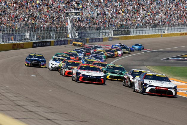 LAS VEGAS, NV - MARCH 04: Denny Hamlin ( 11 Joe Gibbs Racing National Debt Relief Toyota) leads the first lap during the South Point 400 NASCAR, Motorsport, USA Cup Series Chase playoff race on October 4, 2026 at Las Vegas Motor Speedway in Las Vegas, NV. (Photo by Jeff Speer LVMS Icon Sportswire) AUTO: OCT 04 NASCAR Cup Series Playoffs South Point 400 EDITORIAL USE ONLY Icon26100412248