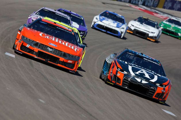 LAS VEGAS, NV - MARCH 04: Brad Keselowski ( 6 RFK Racing Trimble Ford) Michael McDowell ( 71 Spire Motorsports Fly Alliance Chevrolet) during the South Point 400 NASCAR, Motorsport, USA Cup Series Chase playoff race on October 4, 2026 at Las Vegas Motor Speedway in Las Vegas, NV. (Photo by Jeff Speer LVMS Icon Sportswire) AUTO: OCT 04 NASCAR Cup Series Playoffs South Point 400 EDITORIAL USE ONLY Icon26100412788