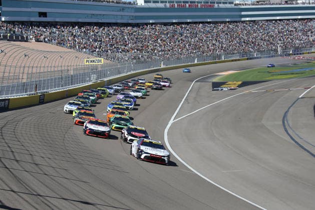 LAS VEGAS, NV - MARCH 04: Denny Hamlin ( 11 Joe Gibbs Racing National Debt Relief Toyota) leads the opening lap of the South Point 400 NASCAR, Motorsport, USA Cup Series Chase playoff race on October 4, 2026 at Las Vegas Motor Speedway in Las Vegas, NV. (Photo by Jeff Speer LVMS Icon Sportswire) AUTO: OCT 04 NASCAR Cup Series Playoffs South Point 400 EDITORIAL USE ONLY Icon26100410801