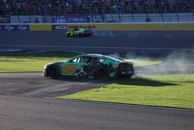 LAS VEGAS, CA - OCTOBER 04: Tyler Reddick ( 45 23XI Racing Jordan Brand Toyota) slides through the infield and into pit row after spinning out during the South Point 400 NASCAR, Motorsport, USA Cup Series Chase playoff race on October 4, 2026 at Las Vegas Motor Speedway in Las Vegas, NV. (Photo by Marc Sanchez LVMS Icon Sportswire) AUTO: OCT 04 NASCAR Cup Series Playoffs South Point 400 EDITORIAL USE ONLY Icon14426100424534