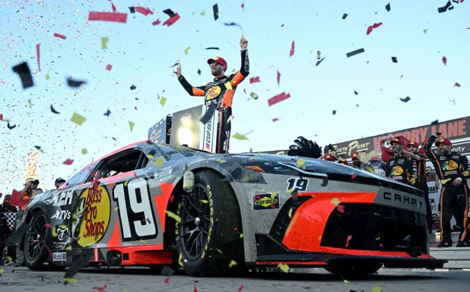 LAS VEGAS, NV - OCTOBER 04: Chase Briscoe ( 19 Joe Gibbs Racing Bass Pro Shops Toyota) celebrates in victory lane after winning the NASCAR, Motorsport, USA Cup Series Playoffs South Point 400 at Las Vegas Motor Speedway Sunday Oct. 4, 2026 in Las Vegas, Nevada. (Photo by Will Lester Icon Sportswire) AUTO: OCT 04 NASCAR Cup Series Playoffs South Point 400 EDITORIAL USE ONLY Icon26100456572