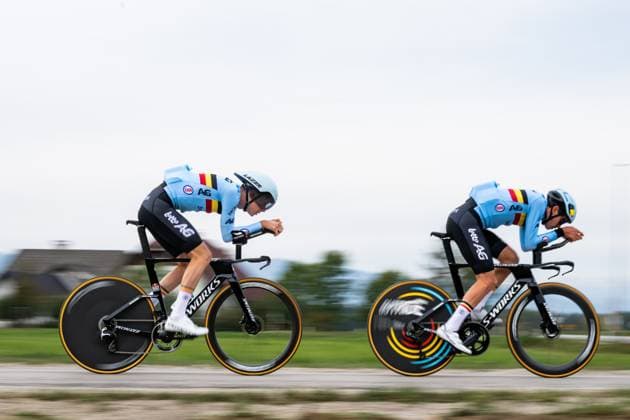 Belgian riders are pictured in action during a training session at the cycling UEC Road European Championships, in Ljubljana, Slovenia Monday 5 October 2026. The UEC Road European Championships are taking place from 02 to 07 October in Ljubljana, Slovenia. DAVIDxPINTENS  x188779489x
