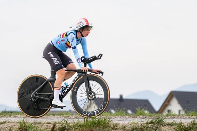 Belgian Sandrine Tas is pictured in action during a training session at the cycling UEC Road European Championships, in Ljubljana, Slovenia Monday 5 October 2026. The UEC Road European Championships are taking place from 02 to 07 October in Ljubljana, Slovenia. DAVIDxPINTENS  x188779490x
