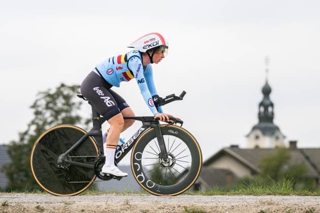 Belgian Sandrine Tas is pictured in action during a training session at the cycling UEC Road European Championships, in Ljubljana, Slovenia Monday 5 October 2026. The UEC Road European Championships are taking place from 02 to 07 October in Ljubljana, Slovenia. DAVIDxPINTENS  x188779493x