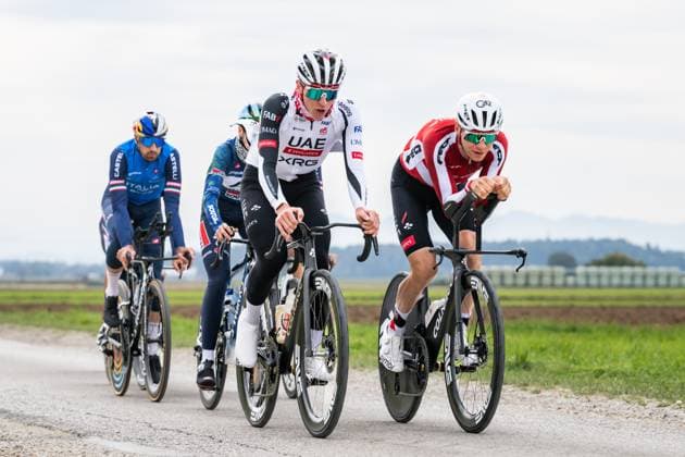 Slovenian Tadej Pogacar and his partner Urska Zigart are pictured in action during a training session at the cycling UEC Road European Championships, in Ljubljana, Slovenia Monday 5 October 2026. The UEC Road European Championships are taking place from 02 to 07 October in Ljubljana, Slovenia. DAVIDxPINTENS  x188780017x