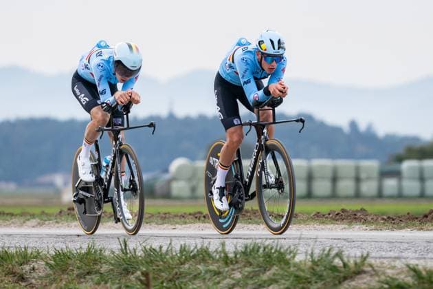 Belgian riders are pictured in action during a training session at the cycling UEC Road European Championships, in Ljubljana, Slovenia Monday 5 October 2026. The UEC Road European Championships are taking place from 02 to 07 October in Ljubljana, Slovenia. DAVIDxPINTENS  x188779440x
