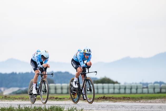 Belgian riders are pictured in action during a training session at the cycling UEC Road European Championships, in Ljubljana, Slovenia Monday 5 October 2026. The UEC Road European Championships are taking place from 02 to 07 October in Ljubljana, Slovenia. DAVIDxPINTENS  x188779464x