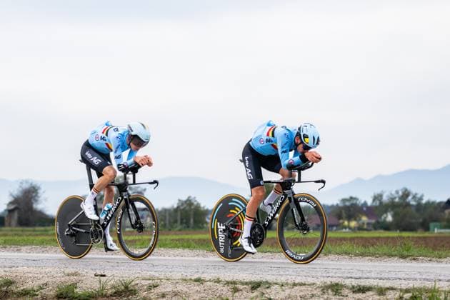 Belgian riders are pictured in action during a training session at the cycling UEC Road European Championships, in Ljubljana, Slovenia Monday 5 October 2026. The UEC Road European Championships are taking place from 02 to 07 October in Ljubljana, Slovenia. DAVIDxPINTENS  x188779485x