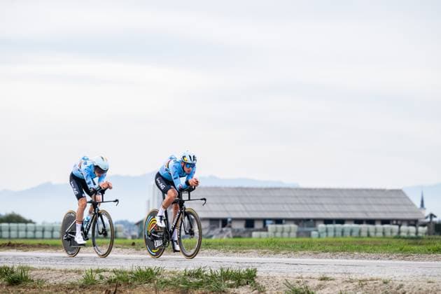 Belgian riders are pictured in action during a training session at the cycling UEC Road European Championships, in Ljubljana, Slovenia Monday 5 October 2026. The UEC Road European Championships are taking place from 02 to 07 October in Ljubljana, Slovenia. DAVIDxPINTENS  x188779486x
