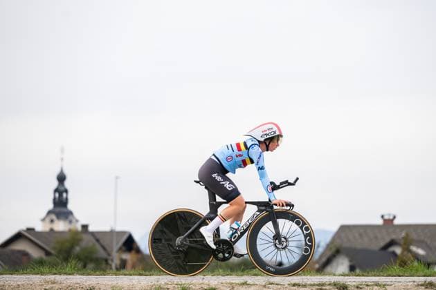 Belgian Sandrine Tas is pictured in action during a training session at the cycling UEC Road European Championships, in Ljubljana, Slovenia Monday 5 October 2026. The UEC Road European Championships are taking place from 02 to 07 October in Ljubljana, Slovenia. DAVIDxPINTENS  x188780901x