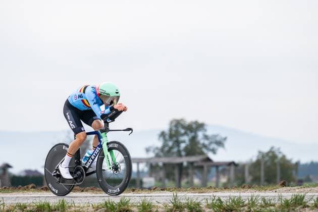 Belgian Sander De Pestel is pictured in action during a training session at the cycling UEC Road European Championships, in Ljubljana, Slovenia Monday 5 October 2026. The UEC Road European Championships are taking place from 02 to 07 October in Ljubljana, Slovenia. DAVIDxPINTENS  x188780887x