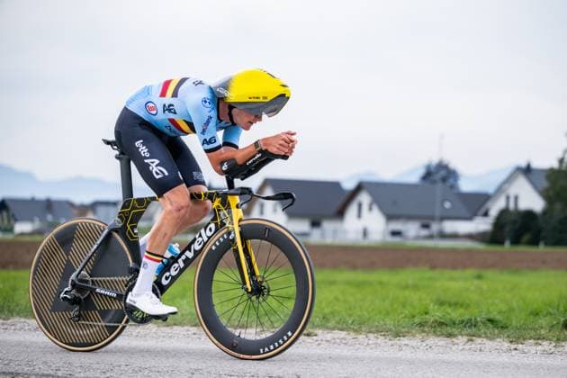 Belgian Matisse Van Kerckhove is pictured in action during a training session at the cycling UEC Road European Championships, in Ljubljana, Slovenia Monday 5 October 2026. The UEC Road European Championships are taking place from 02 to 07 October in Ljubljana, Slovenia. DAVIDxPINTENS  x188780961x