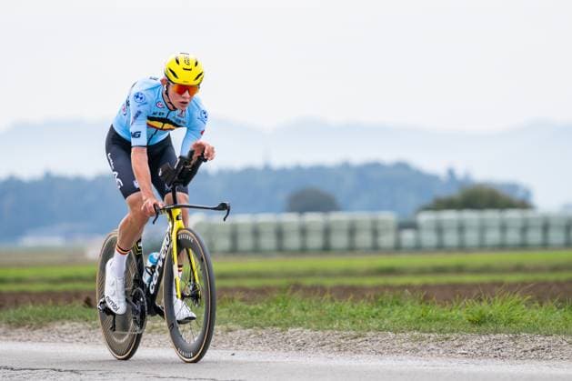 Belgian Seff Van Kerckhove is pictured in action during a training session at the cycling UEC Road European Championships, in Ljubljana, Slovenia Monday 5 October 2026. The UEC Road European Championships are taking place from 02 to 07 October in Ljubljana, Slovenia. DAVIDxPINTENS  x188780931x