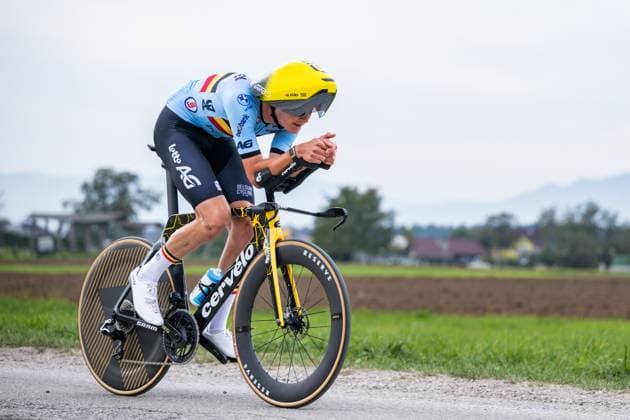 Belgian Matisse Van Kerckhove is pictured in action during a training session at the cycling UEC Road European Championships, in Ljubljana, Slovenia Monday 5 October 2026. The UEC Road European Championships are taking place from 02 to 07 October in Ljubljana, Slovenia. DAVIDxPINTENS  x188780935x