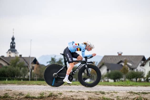 Belgian Lotte Claes is pictured in action during a training session at the cycling UEC Road European Championships, in Ljubljana, Slovenia Monday 5 October 2026. The UEC Road European Championships are taking place from 02 to 07 October in Ljubljana, Slovenia. DAVIDxPINTENS  x188780938x