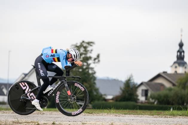 Belgian Febe Jooris is pictured in action during a training session at the cycling UEC Road European Championships, in Ljubljana, Slovenia Monday 5 October 2026. The UEC Road European Championships are taking place from 02 to 07 October in Ljubljana, Slovenia. DAVIDxPINTENS  x188780894x