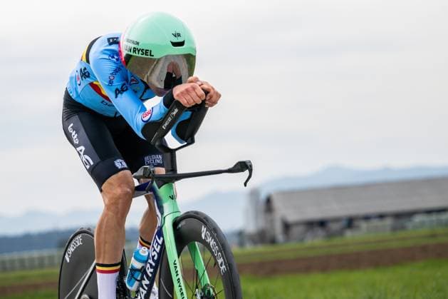 Belgian Sander De Pestel is pictured in action during a training session at the cycling UEC Road European Championships, in Ljubljana, Slovenia Monday 5 October 2026. The UEC Road European Championships are taking place from 02 to 07 October in Ljubljana, Slovenia. DAVIDxPINTENS  x188781323x
