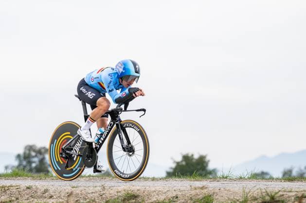 Belgian rider pictured in action during a training session at the cycling UEC Road European Championships, in Ljubljana, Slovenia Monday 5 October 2026. The UEC Road European Championships are taking place from 02 to 07 October in Ljubljana, Slovenia. DAVIDxPINTENS  x188780907x