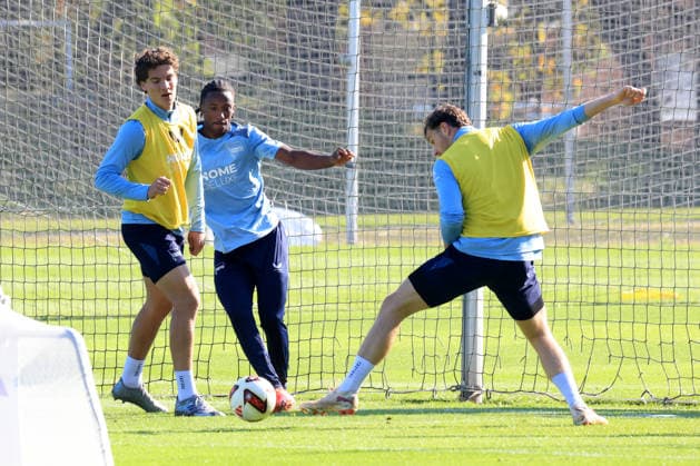05.10.2026, DEU GER, Fussball , 2.Fussballbundesliga, Saison 2026 2027, Sportforum, Hertha BSC, Training Soufian Gouram ( Hertha BSC Berlin 33 ), Jelani Ndi ( Hertha BSC Berlin 28 ), Pascal Klemens ( Hertha BSC Berlin 41 ) 2. Liga: DFB DFL regulations prohibit any use of photographs as image sequences and or quasi-video) nordphoto GmbH Engler Berlin Sportforum Berlin Deutschland Copyright: xNordphotox xEnglerx