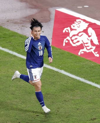 Football: Kirin Cup Japan s Ayase Ueda reacts after scoring in the first half of the Kirin Cup football final against New Zealand at MUFG Stadium in Tokyo on Oct. 5, 2026.  A14AA0005630189P