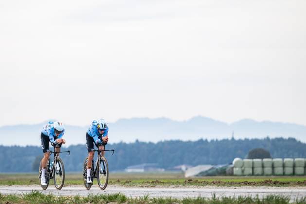 Belgian rider pictured in action during a training session at the cycling UEC Road European Championships, in Ljubljana, Slovenia Monday 5 October 2026. The UEC Road European Championships are taking place from 02 to 07 October in Ljubljana, Slovenia. DAVIDxPINTENS  x188790655x