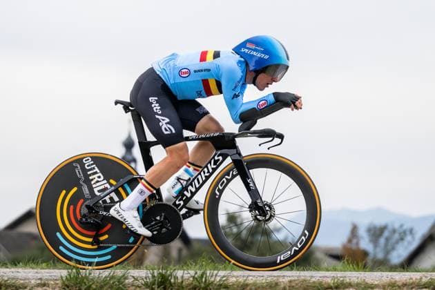 Belgian Ilan Van Wilder is pictured in action during a training session at the cycling UEC Road European Championships, in Ljubljana, Slovenia Monday 5 October 2026. The UEC Road European Championships are taking place from 02 to 07 October in Ljubljana, Slovenia. DAVIDxPINTENS  x188790667x