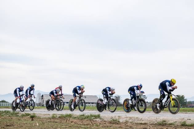 French riders are pictured in action during a training session at the cycling UEC Road European Championships, in Ljubljana, Slovenia Monday 5 October 2026. The UEC Road European Championships are taking place from 02 to 07 October in Ljubljana, Slovenia. DAVIDxPINTENS  x188790668x
